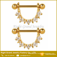 316L Set chirurgischen Stahl klare kubische Zirkon Zinke Gold plattiert Brusthütchen Ringe